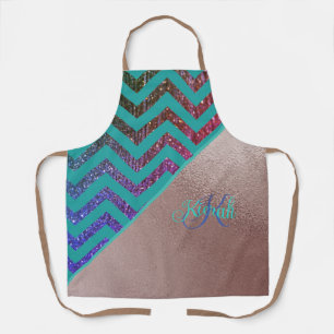 Modern Rose Gold Glittery Chevron Teal Green Name Apron