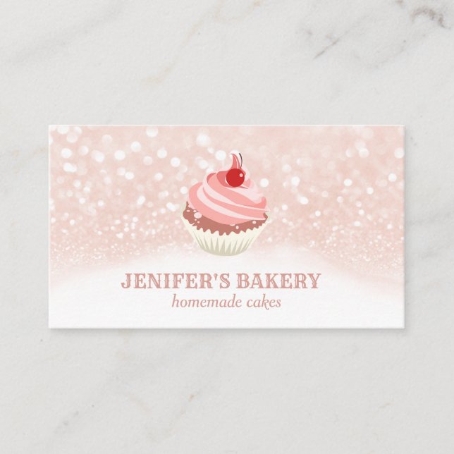 Modern rose gold glittery cupcake homemade bakery business card (Front)