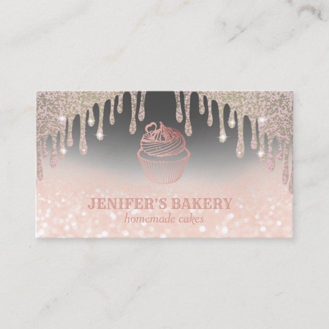 Modern rose gold glittery cupcake homemade bakery business card (Front)