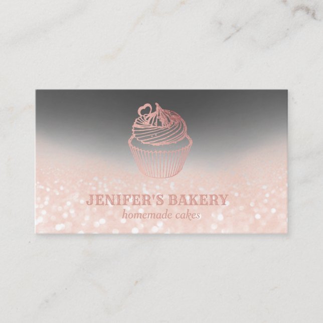 Modern rose gold glittery cupcake homemade bakery business card (Front)