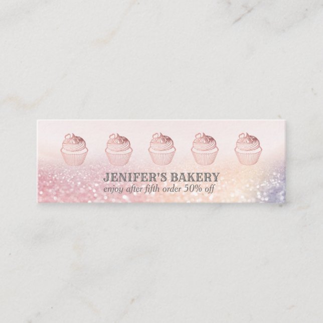 Modern rose gold glittery cupcake homemade bakery mini business card (Front)
