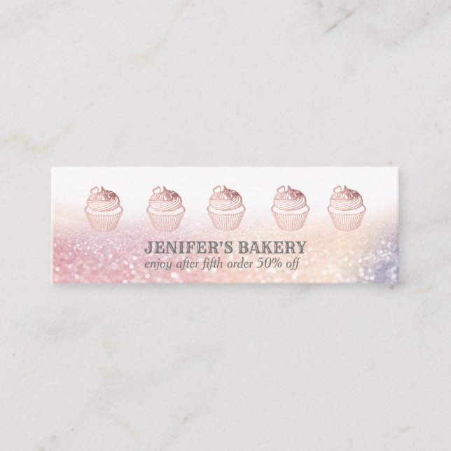 Modern rose gold glittery cupcake homemade bakery mini business card (Front)