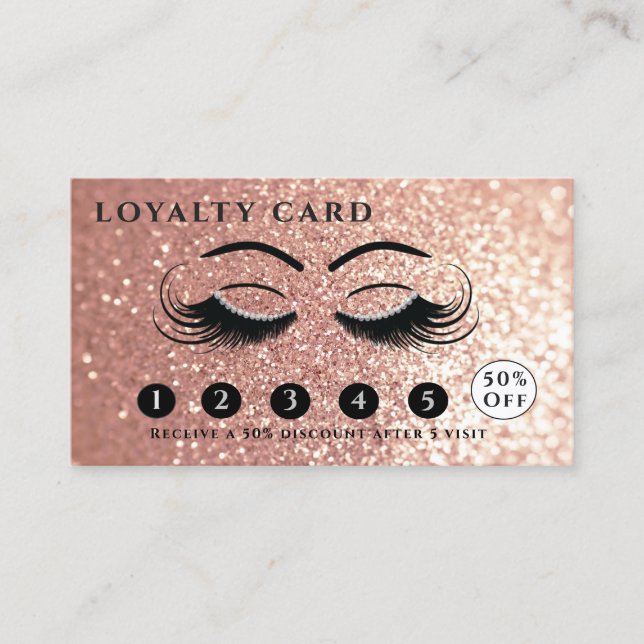 Modern rose gold glittery eyelashes & eyebrows loyalty card (Front)