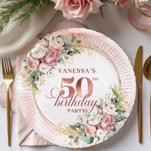 Modern Rose Gold Greenery 50th Birthday Glitter   Paper Plate