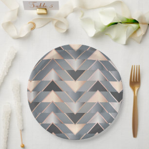 Modern Rose Gold & Grey Geometric Chevron Paper Plate