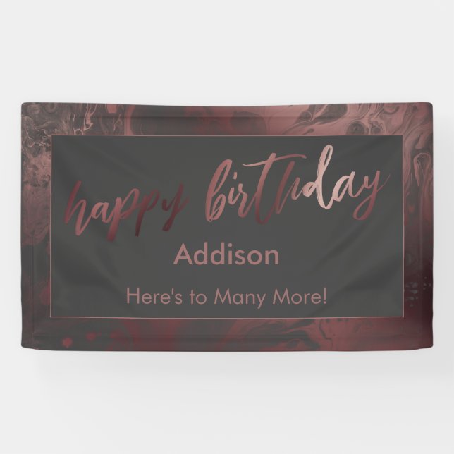 Modern Rose Gold & Grey Marbled Happy Birthday Banner (Horizontal)