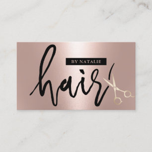 Modern Rose Gold Hair Stylist Script Scissor Salon Business Card