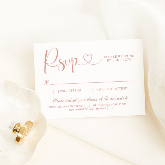 Modern Rose Gold Heart Calligraphy Script Wedding RSVP Card (Creator Uploaded)