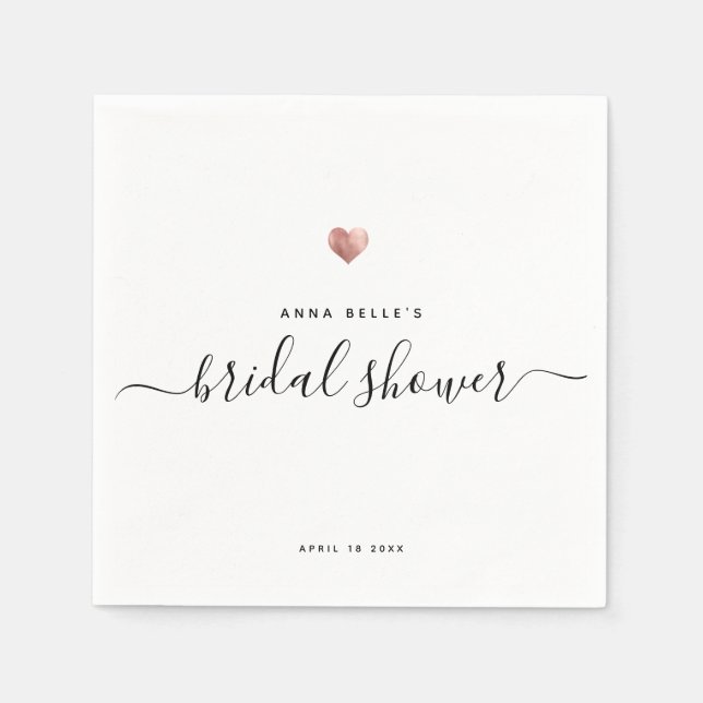 Modern Rose Gold Heart Chic Script Bridal Shower Napkin (Front)