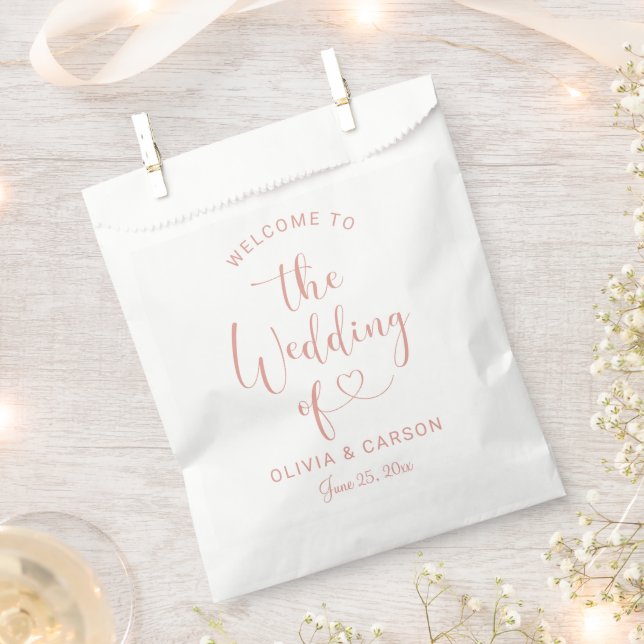 Modern Rose Gold Heart Script Wedding Welcome Favour Bag (Clipped)