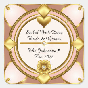 ✨ Modern Rose Gold Heart Wedding 🖤 Square Sticker