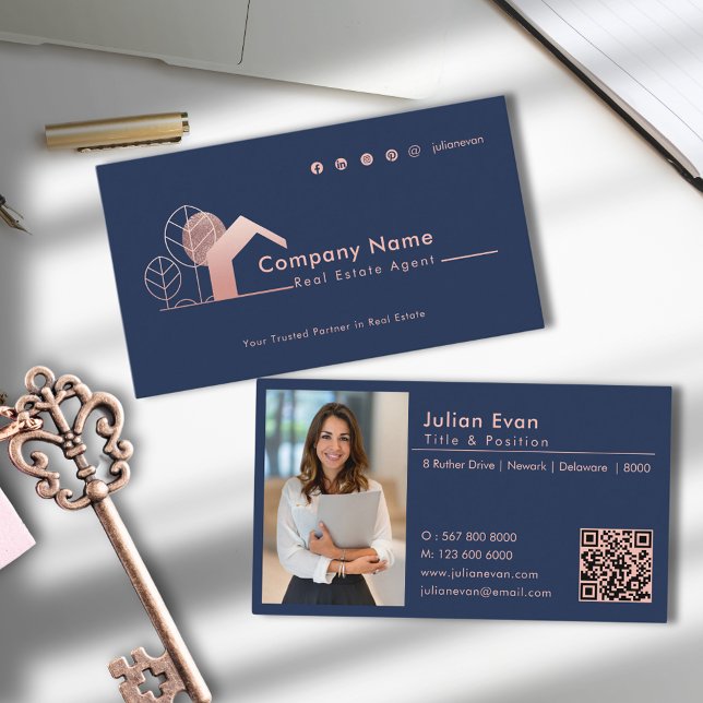 Modern Rose Gold House Logo Photo Navy Realtor Business Card (Creator Uploaded)