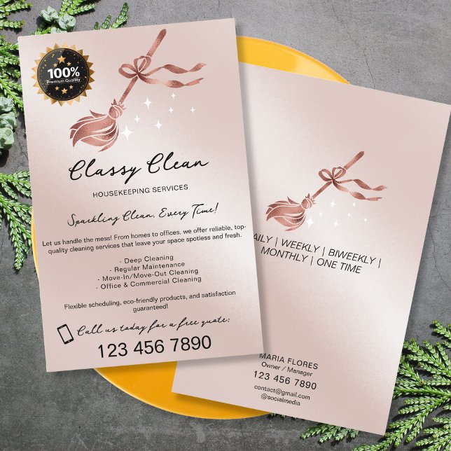 Modern Rose Gold Housekeeping Cleaning Services Flyer (rose gold broom with a bow cleaning services flyer)