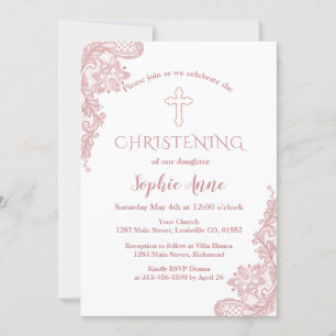 Modern Rose Gold Lace Cross Girl Christening Invitation