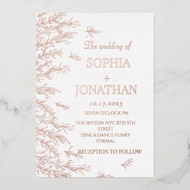 Modern rose gold leaves wedding invitation (Front)