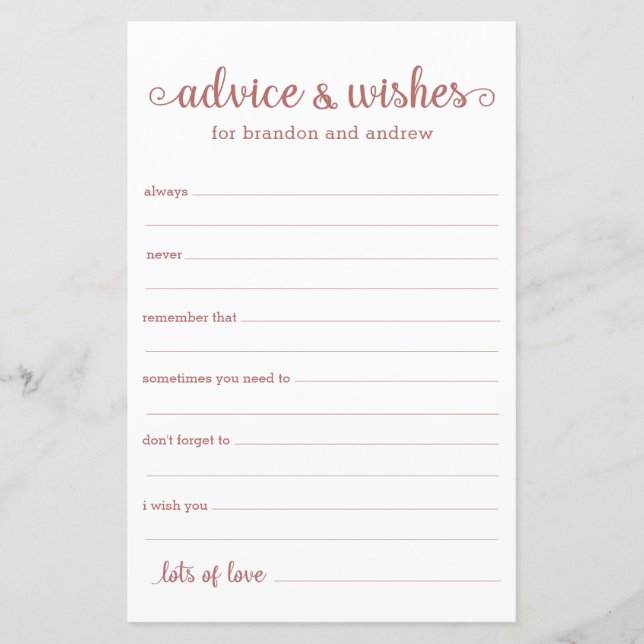 Modern Rose Gold LGBTQ Wedding Advice and Wishes  (Front)