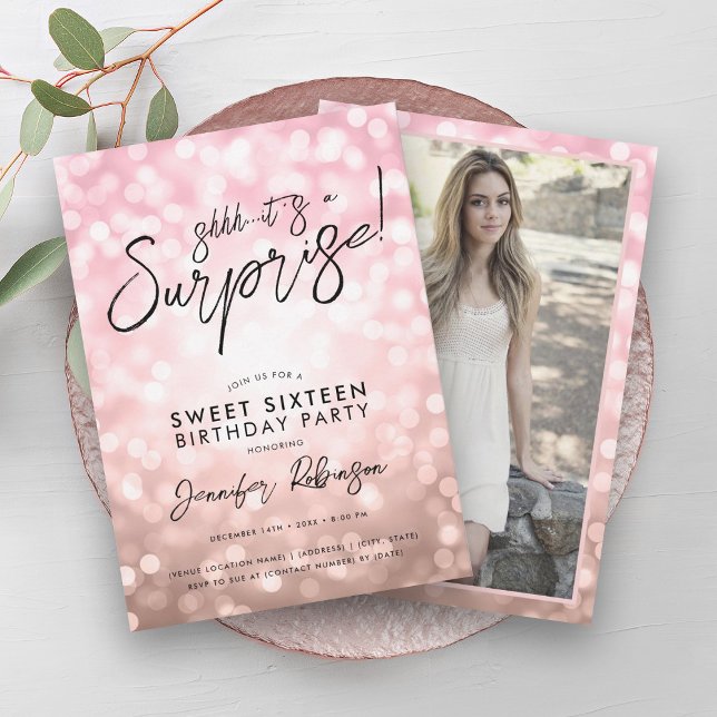 Modern Rose Gold Lights Photo Surprise Sweet 16 Invitation (Modern Rose Gold Lights Photo Surprise Sweet 16 Invitation)
