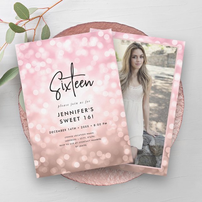 Modern Rose Gold Lights Photo Sweet 16 Invite (Modern Rose Gold Lights Photo Sweet 16 Invite)