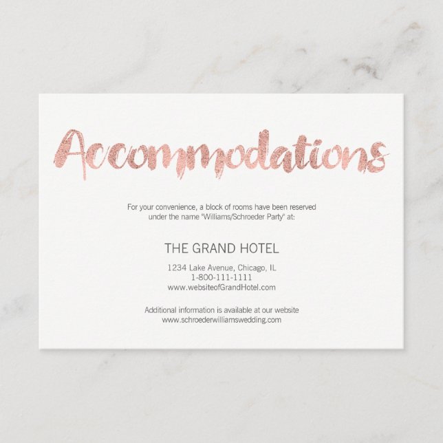 Modern Rose Gold Love Wedding Accommodations Card (Front)