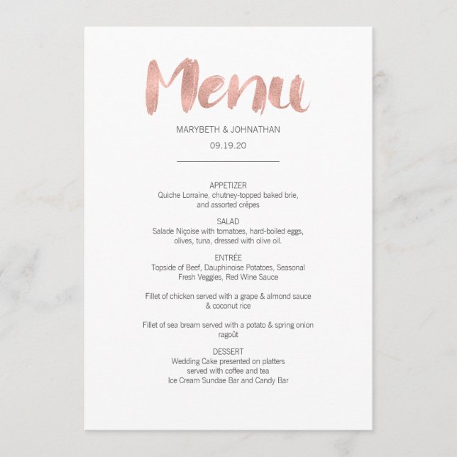 Modern Rose Gold Love Wedding Menu Card (Front)