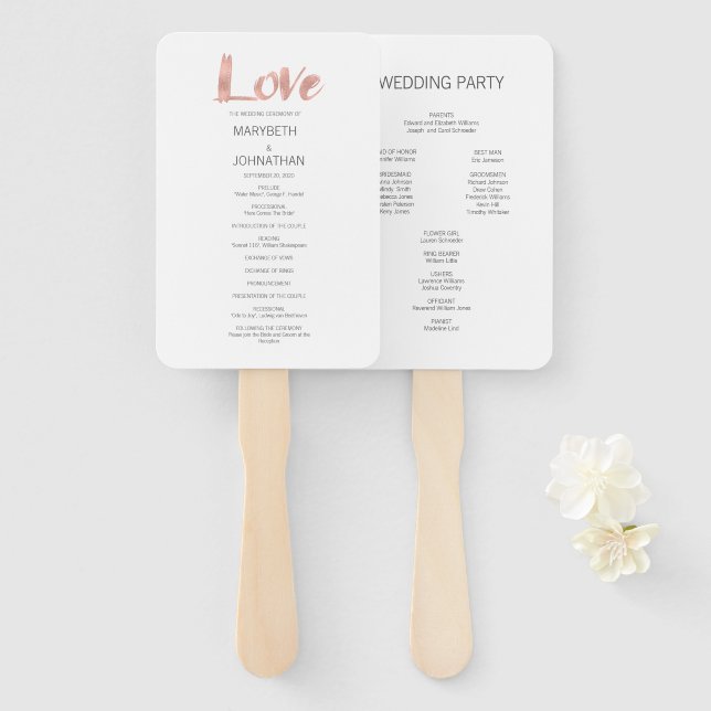 Modern Rose Gold Love Wedding Program Fan (Front and Back)