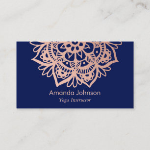 Modern Rose Gold Mandala Dark Blue Yoga Instructor Business Card
