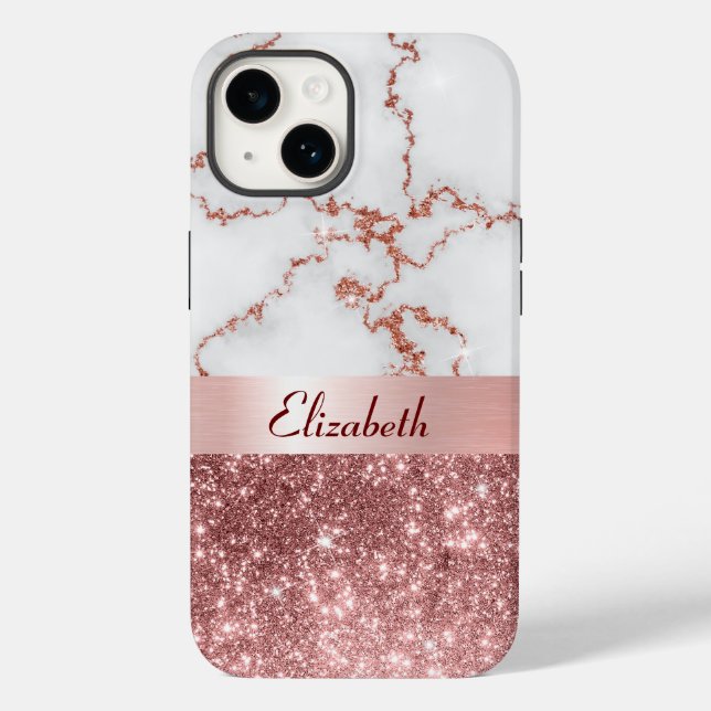 Modern Rose Gold Marble Faux Glitter Monogram Case-Mate iPhone Case (Back)