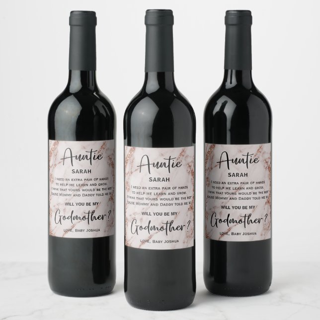 Modern Rose Gold Marble Godmother Proposal Wine Label (Bottles)