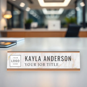 Modern Rose Gold Marble Logo Employee Desk Name Plate
