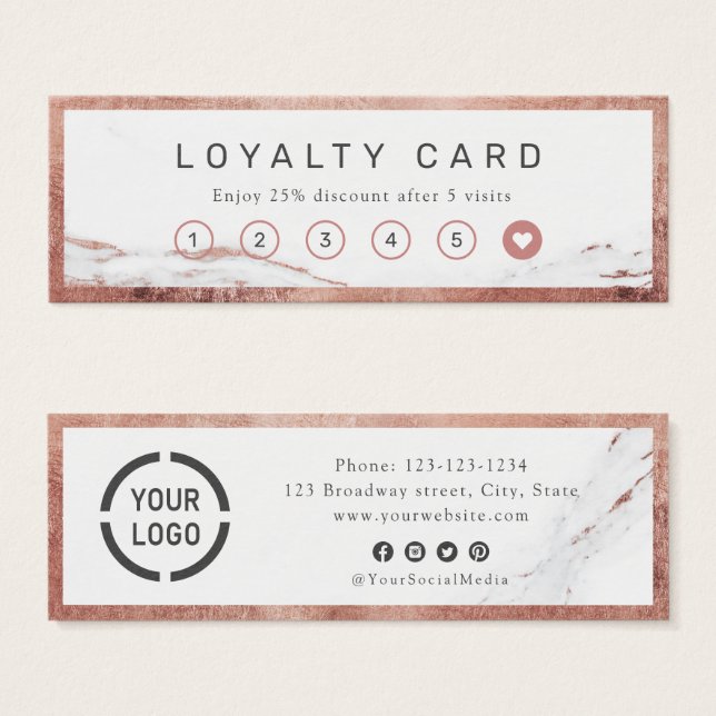 Modern rose gold marble luxe business loyalty card (Front & Back)