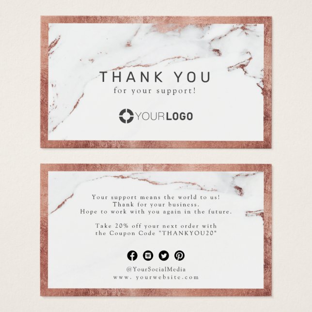 Modern rose gold marble luxe business thank you (Front & Back)