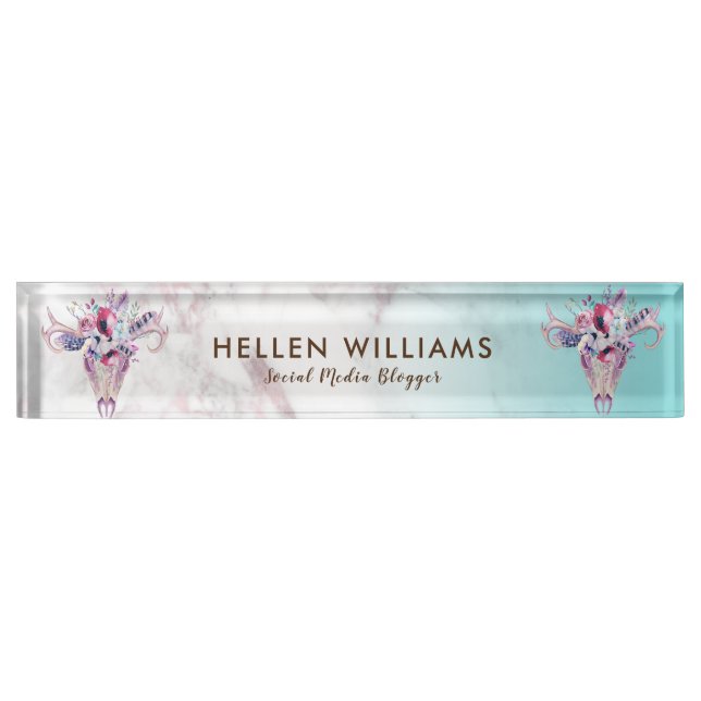 Modern Rose-gold Marble Ombre & Boho Skull Nameplate (Front)