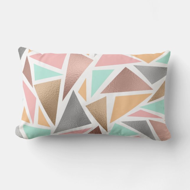 Modern Rose Gold Mint Metallic Triangles Geometric Lumbar Cushion (Front)