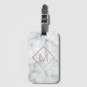 modern rose gold monogram on white stone luggage tag