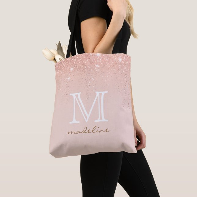 Modern Rose Gold Monogram Script Tote Bag (Close Up)