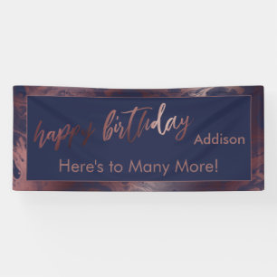 Modern Rose Gold Navy Blue Marble Happy Birthday Banner