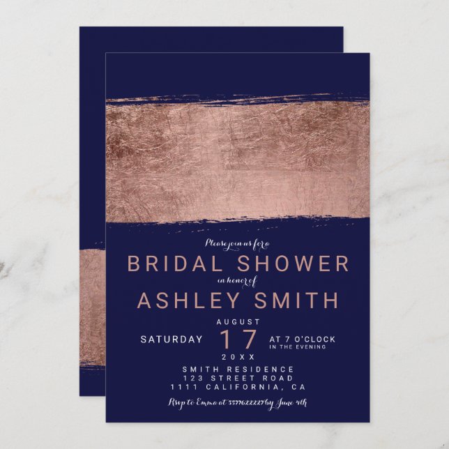 Modern rose gold navy brushstroke Bridal shower Invitation (Front/Back)