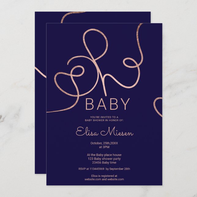 Modern rose gold navy calligraphy Oh baby shower Invitation (Front/Back)