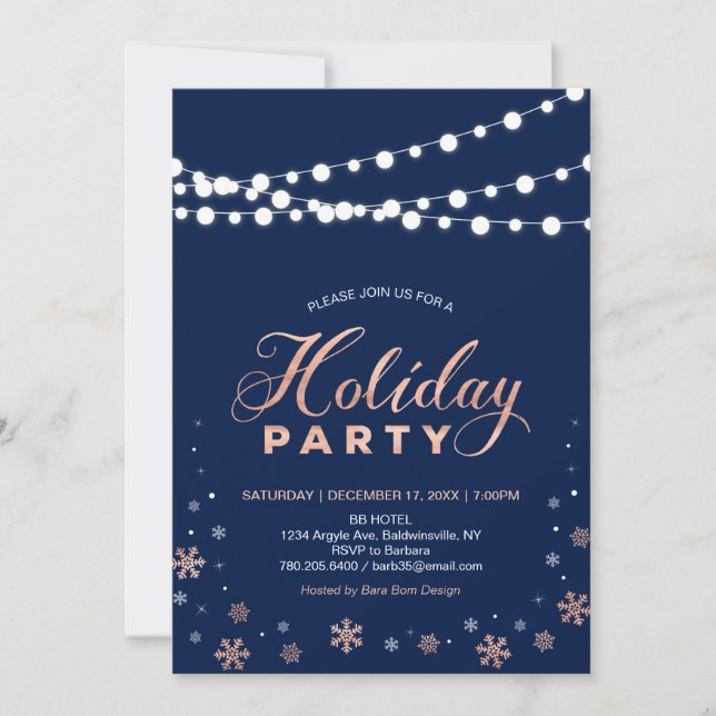 Modern Rose Gold & Navy Holiday Party Invitation (Front)