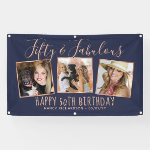 Modern Rose Gold Navy Photo Collage 50th Birthday Banner