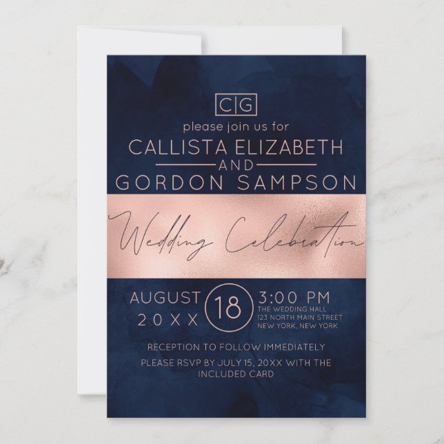 Modern Rose Gold Navy Stripe Watercolor Wedding Invitation (Front)