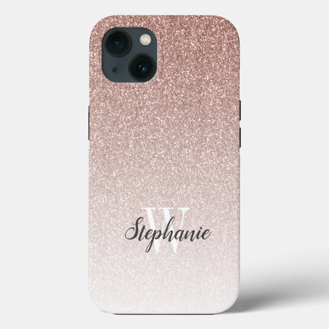Modern Rose Gold Ombre Glitter Monogram Case-Mate iPhone Case (Back)
