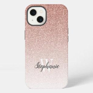Modern Rose Gold Ombre Glitter Monogram iPhone 13 Case