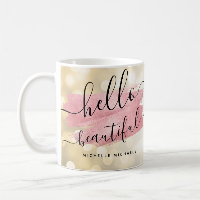 Modern Rose Gold Paint Gold Lights Hello Beautiful Coffee Mug (Left)