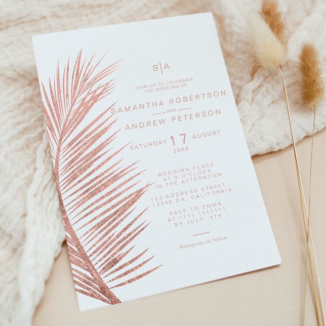 Modern rose gold palm leaf white wedding invitation (Modern rose gold palm leaf white wedding invitation)