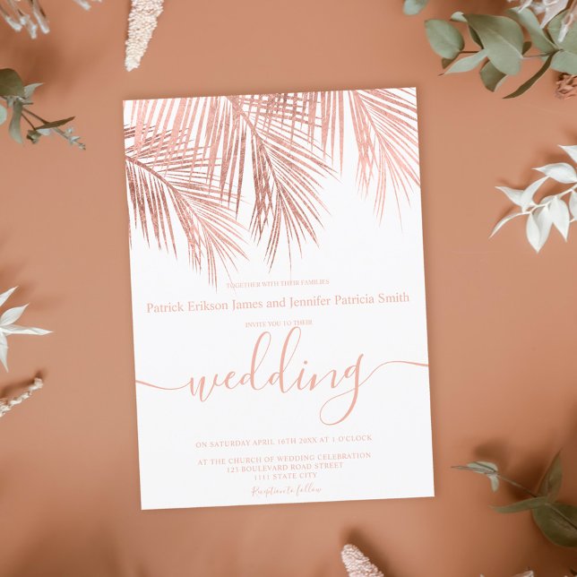 Modern rose gold palm tree elegant script wedding invitation (Creator Uploaded)
