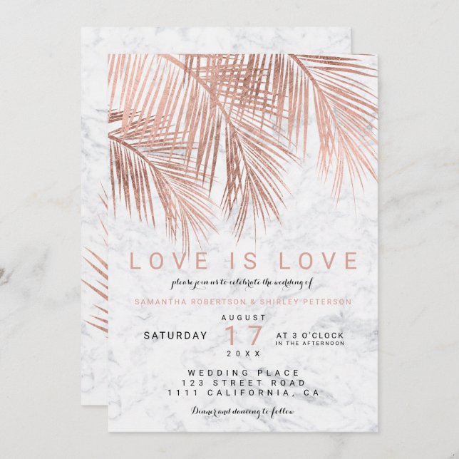 Modern rose gold palm tree marble lesbian wedding invitation (Front/Back)