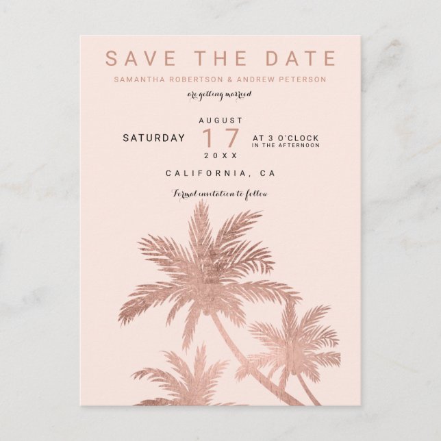 Modern rose gold palm trees blush save the date announcement postcard (Front)
