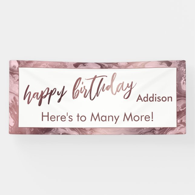 Modern Rose Gold Pastel Pink Marble Happy Birthday Banner (Horizontal)