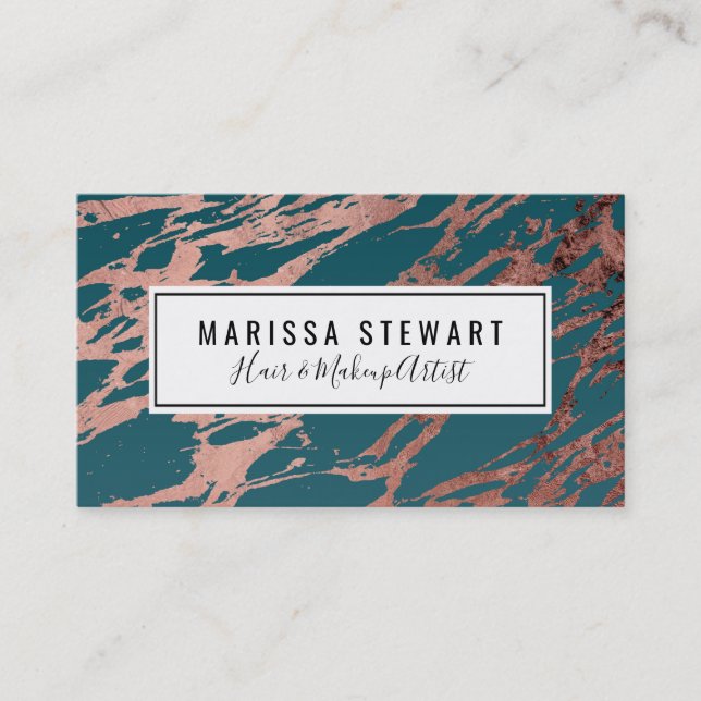 Modern Rose Gold Peacock Teal Marble Business Card (Front)